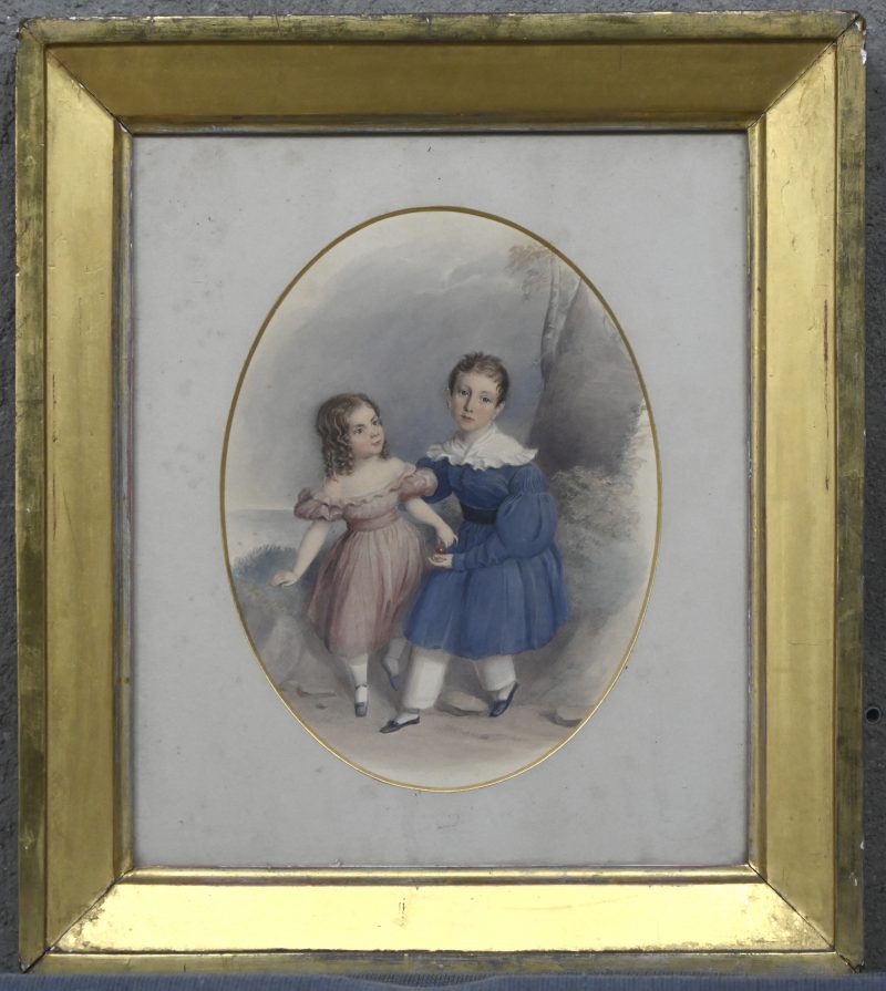 ‘Twee zusjes’, gemengde techniek, 19e eeuws, in ovalen passe-partout en vergulde kader?