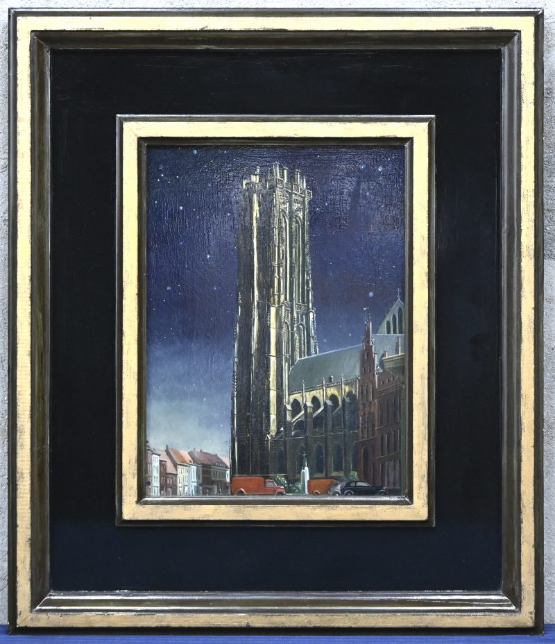 “St. Rombouts toren Mechelen”. Olieverf op paneel. Gesigneerd.