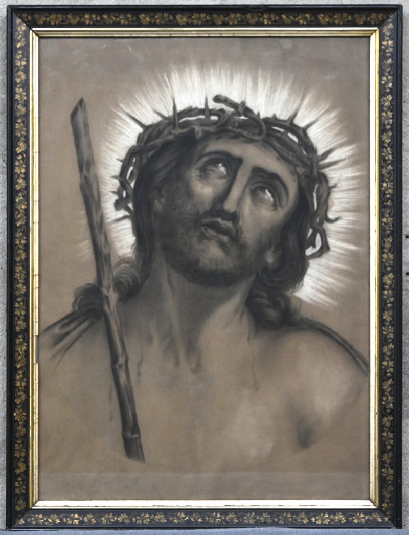 Gekroonde Christus, gouache op papier, draagt handtekening.