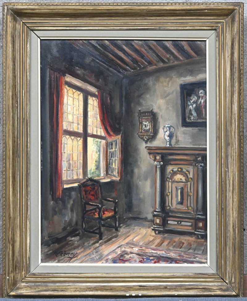 “Interieur kamer met open raam”. Een schilderij, olieverf op paneel. Gesigneerd.