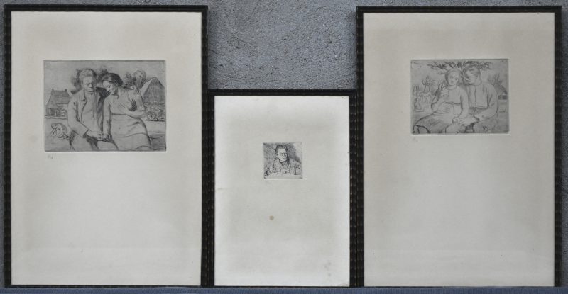 Een lot van 3 etsen van Albert Van Dyck waaronder 1 zelfportret en 2 x etshuwelijkstrouw.