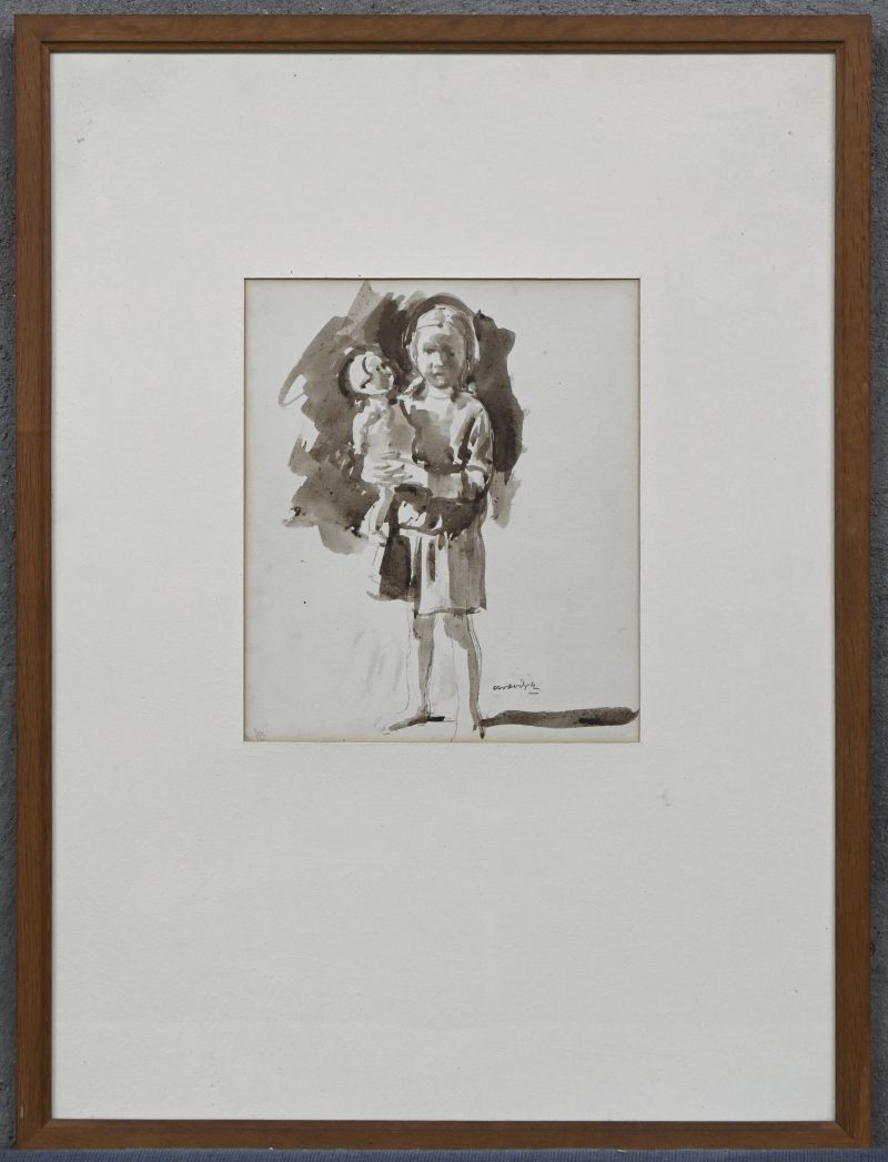 ‘Kind met pop’, een aquarel gesigneerd Albert Van Dyck.