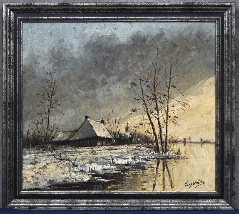 “Winters Hoevelandschap”. Een schilderij, olieverf op doek. Gesigneerd.