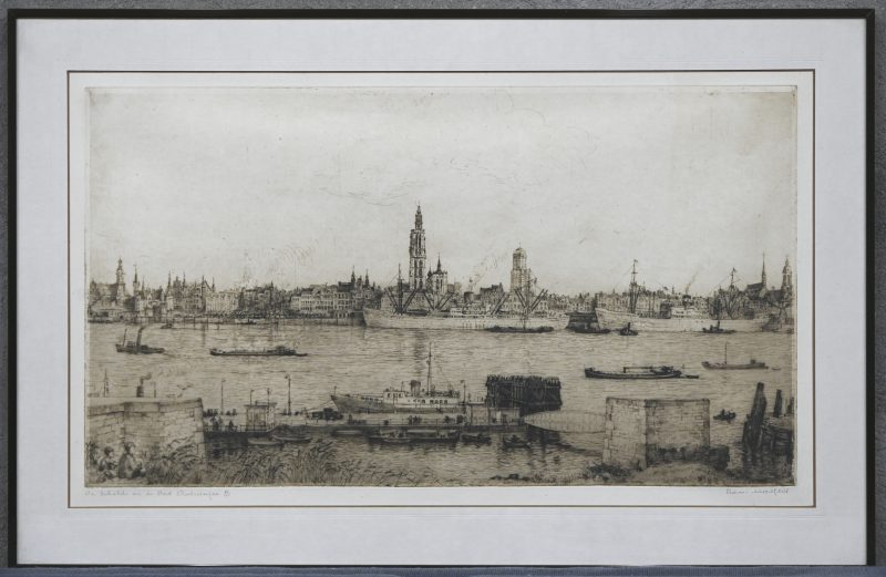 “De Schelde en de Stad Antwerpen”. Een ets op papier, buiten de plaat gesigneerd en genummerd 85/100.