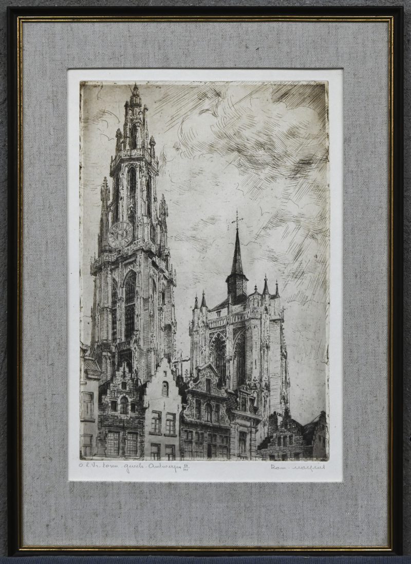 “O.L.Vr.toren.gevels Antwerpen”. Een ets op papier, buiten de plaat gesigneerd en genummerd 74/100.