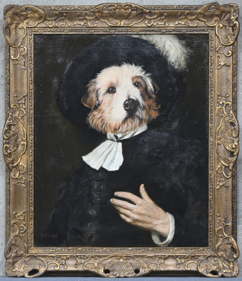 “Hond met hoed en kostuum”. Een schilderij, olieverf op doek. Onderaan gesigneerd. Met certificaat.