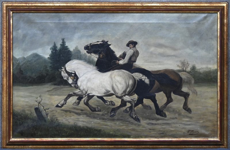 “Ruiter te paard”. Een schilderij, olieverf op doek. Onderaan gesigneerd en gedateerd 1915.