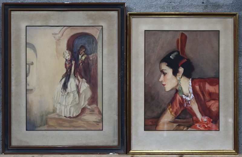 “Romeo en Julia” (gesigneerd) en “Jonge Spaanse” (niet gesigneerd). Twee aquarellen uit het midden van de XXste eeuw.