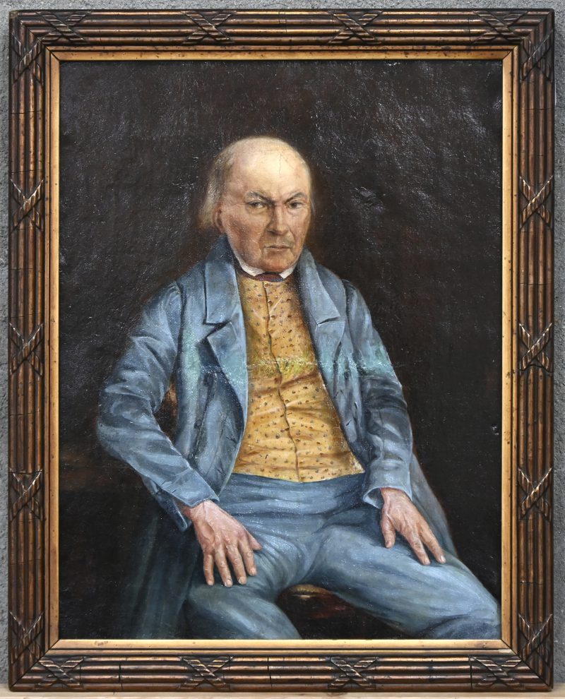 “Portret van een zittende burgerman”. Olieverf op doek (herdoekt). Toeschrijving achteraan. Einde XIXde eeuw.