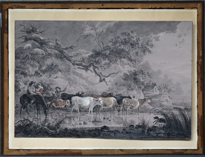 “Koeien bij de drenkplaats”. Lavis en aquarel op papier. Gesigneerd linksonder.