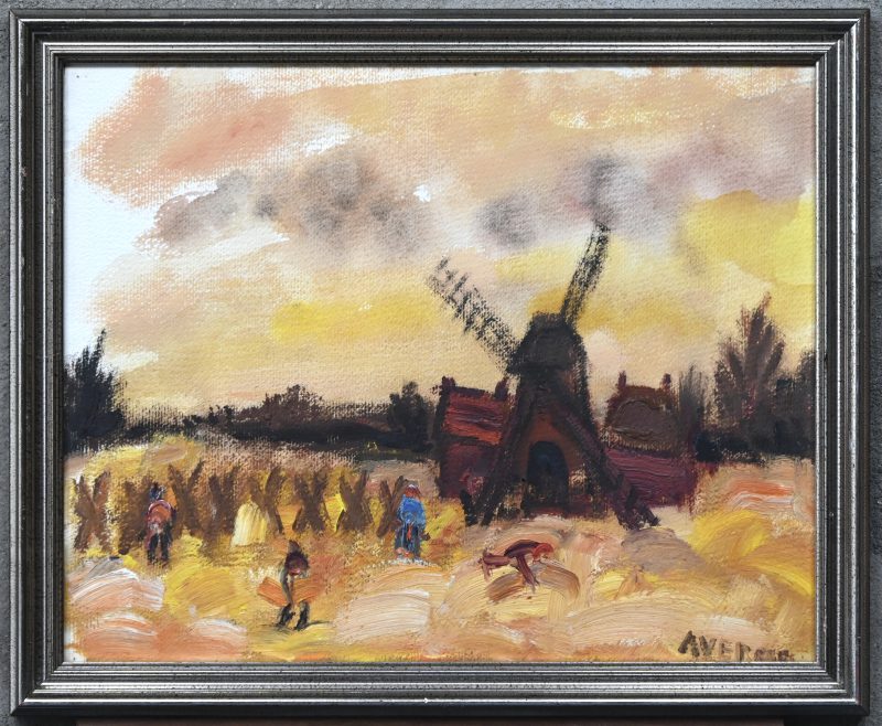 “Graanpluk met molen”. Een schilderij, olieverf op paneel. Onderaan gesigneerd.