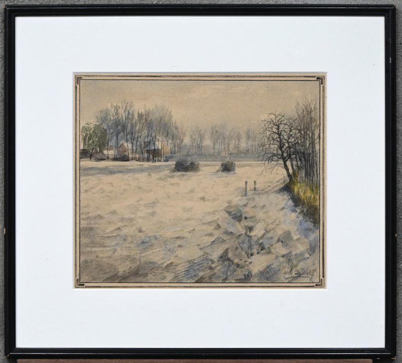 “Winterlandschap”. Een schilderij, aquarel op papier. Onderaan gesigneerd.