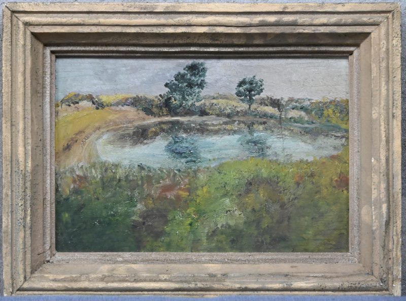 “Landschap met vijver”. Een schilderij, olieverf op paneel.