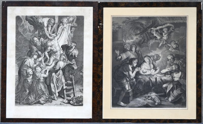“Kruisafname & Geboorte van Jezus”. Een paar gravures op papier. Naar P.P. Rubens.