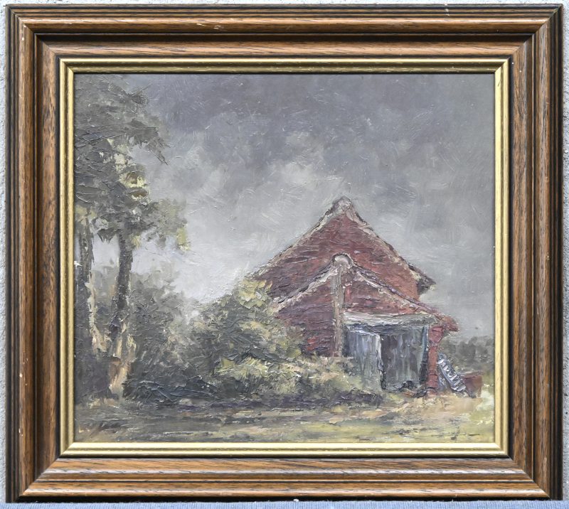 “Landschap met boerderij”. Een schilderij, olieverf op paneel. Achterzijde met vermoedelijk opschrift “Moortgat”.