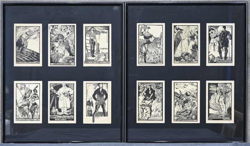 Een set van 2 kaders met elk 6 linosneden van Maurice Langaskens over o.a. Tijl Uylenspiegel en Lamme Goedzak.