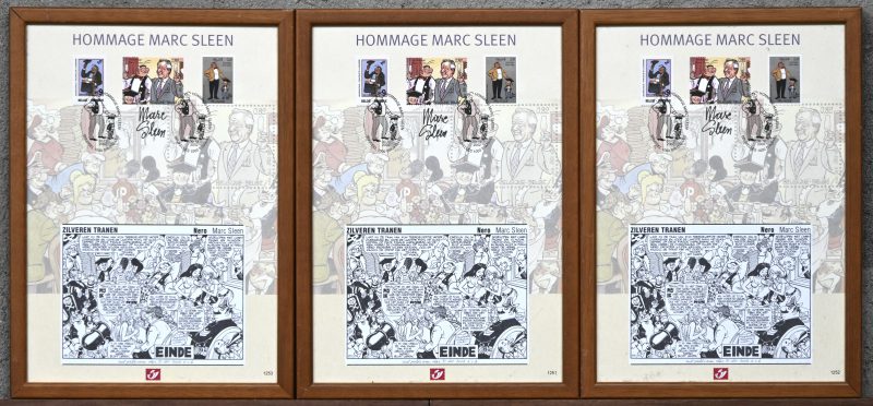 “Hommage Marc Sleen”. Een lot van 3 ingekaderde souvenirkaarten, uitgave de Post. Met 3 originele afgestempelde postzegels. Nummers 1251-1252-1253.