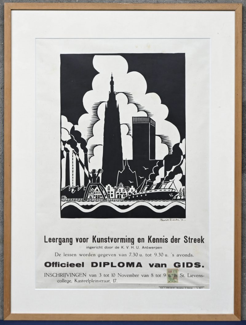 “Leergang voor Kunstvorming en Kennis der Streek”. Een diploma affiche van Gids op papier.