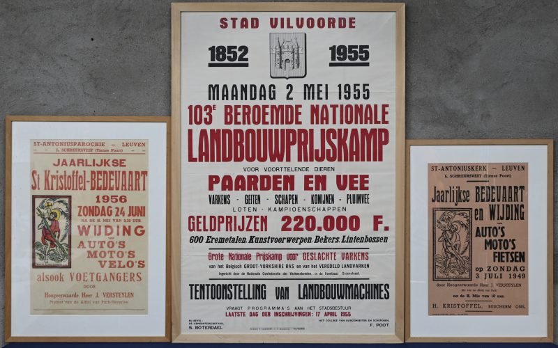 Een lot van 3 affiches, waarvan 2 met thema “St Kristoffel bedevaart” en 1 “Nationale Landbouwprijskamp”. Allen medio 1950-55.