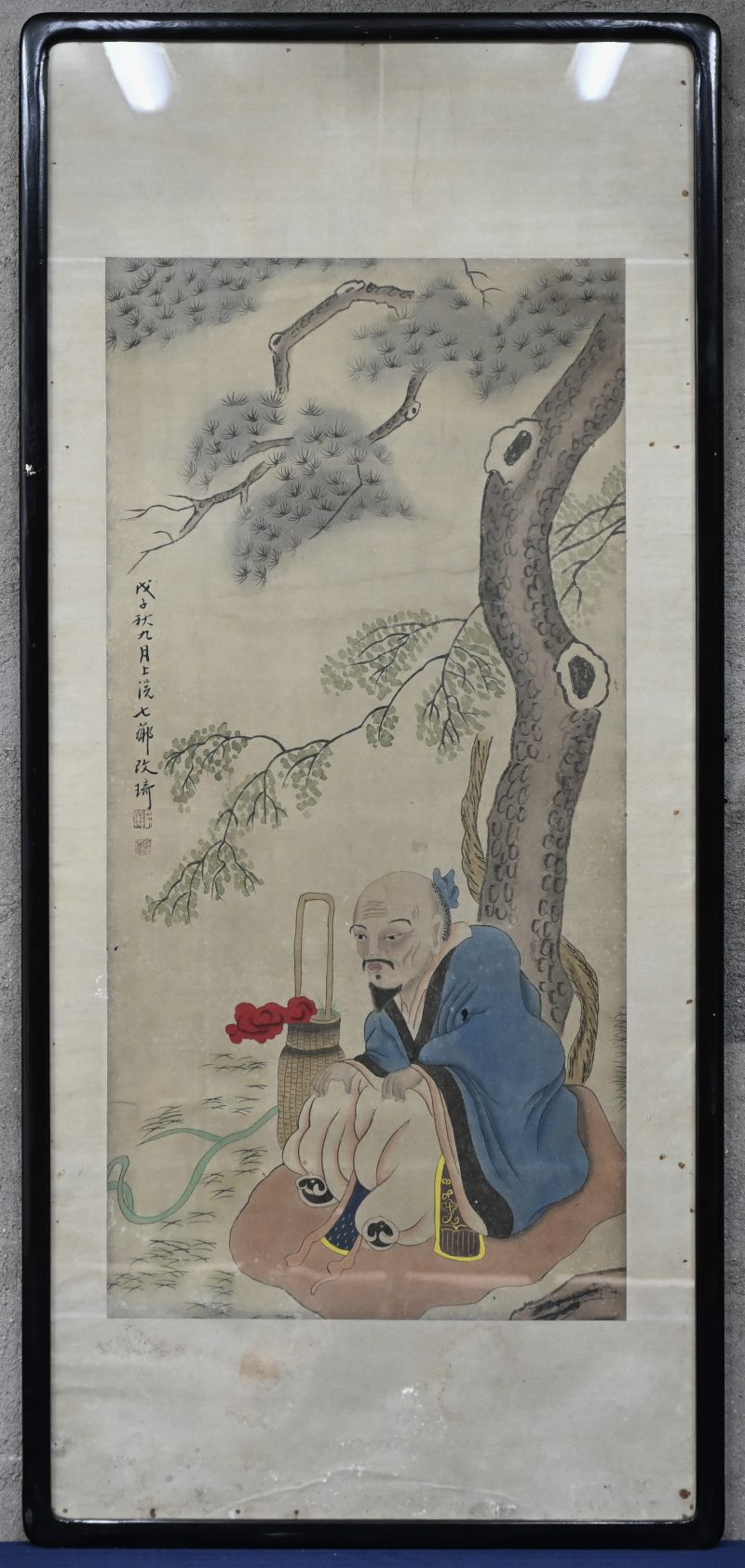 Een aquarel op papier van een Japanse wijze. Met zegel en opschrift.