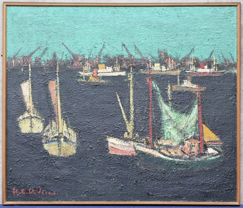 “Antwerpse Haven”. Een schilderij, gemengde techniek op doek. Onderaan gesigneerd.