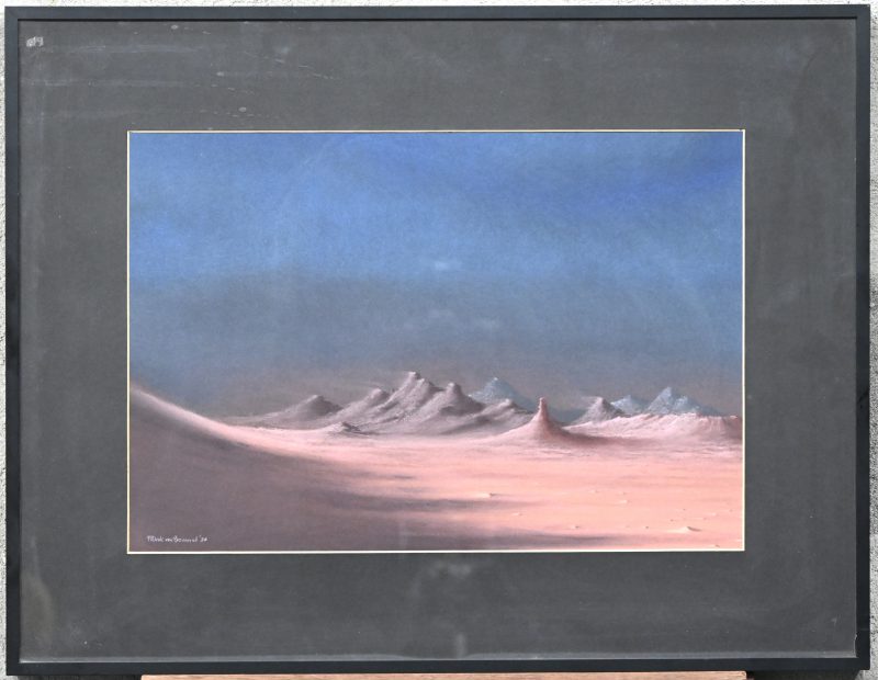 ‘Desolaat woestijnzicht’, gouache op papier, getekend Frank Van Bommel, 1984.