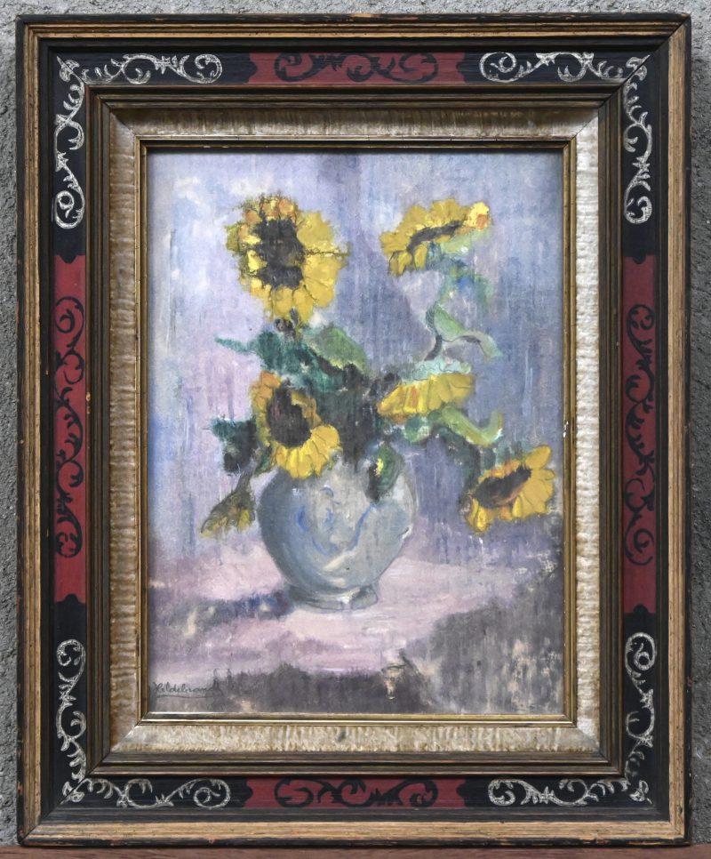‘Stilleven met zonnebloemen’, gouache op paneel, getekend B. Hildebrandt.