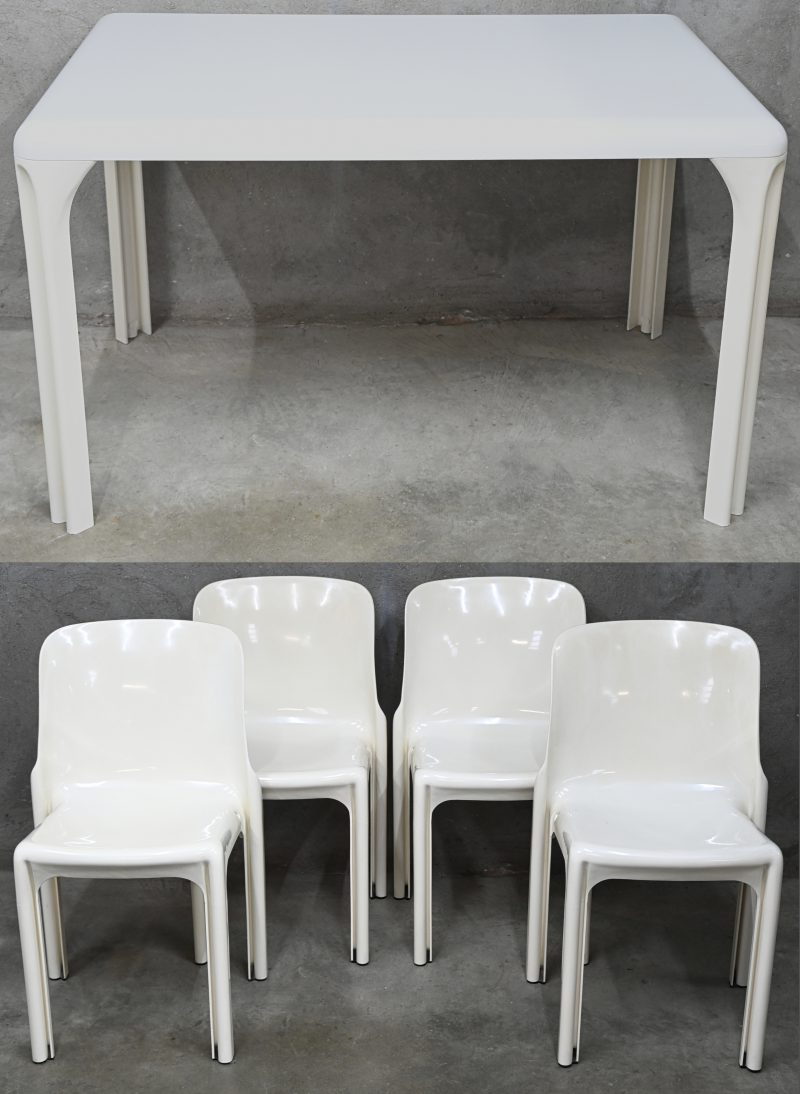 Een Vintage Stadio 120 witte eettafel met 4 stoelen, door Vico Magistretti voor Artemide, 1971.