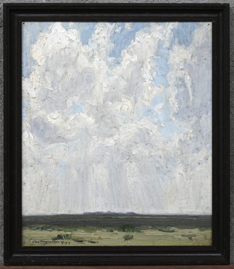“Wolken boven de Heide”. Een schilderij, olieverf op board. Dubbel gesigneerd en gemonogrammeerd voor en achterzijde. Gedateerd 1914.