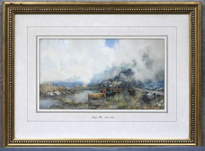 ‘Schots landschap met runderen’, waterverf op papier, gesigneerd Sidney Pike.