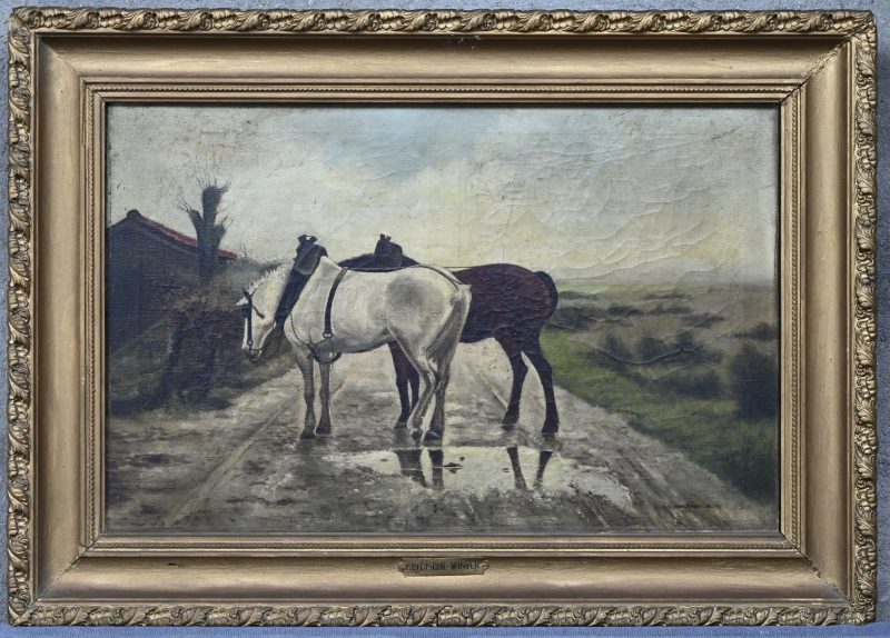 ‘Belgische winter’, een schilderij, olieverf op doek met daarop 2 paarden, gesigneerd Eugène Meulemans, 1921.