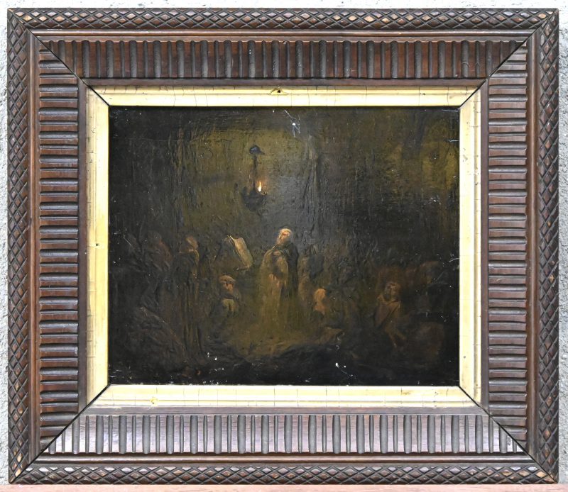 “Monniken bij kaarslicht”. Een schilderij, olieverf op paneel. Restauratiesporen en krasje bovenaan.