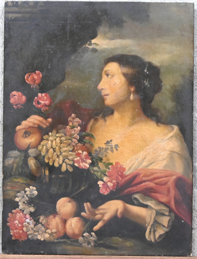 “Romantisch portret met fruit”. Een schilderij, olieverf op paneel. Gemonogrammeerd JW.