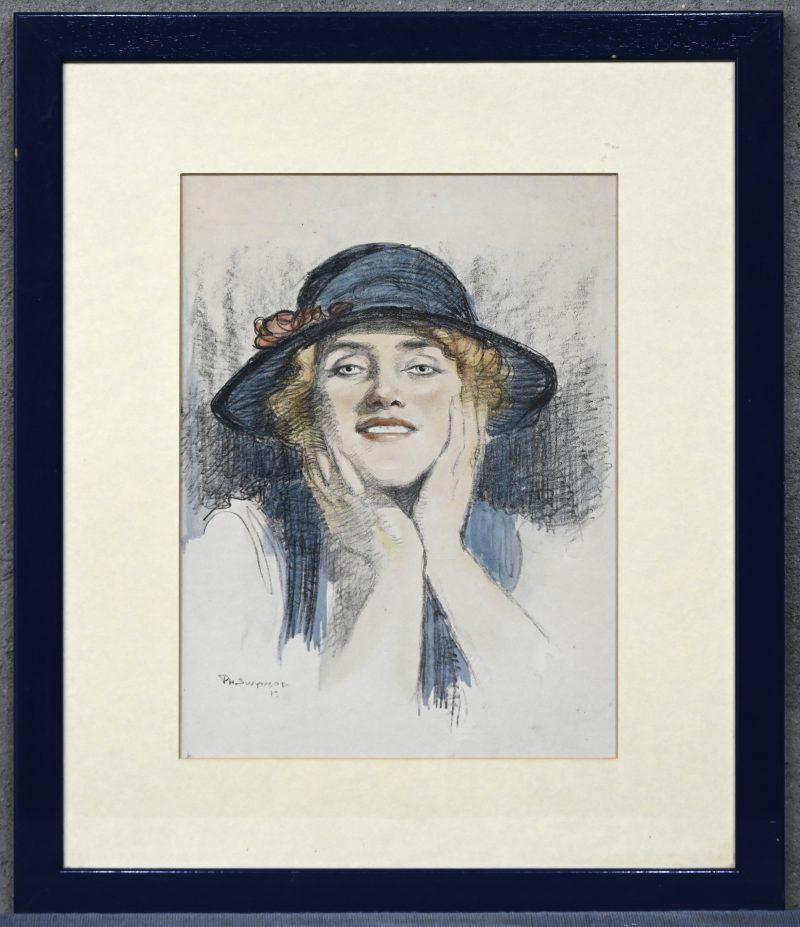 “Portret dame met hoed”. Een tekening, gemengde techniek op papier. Onderaan gesigneerd.