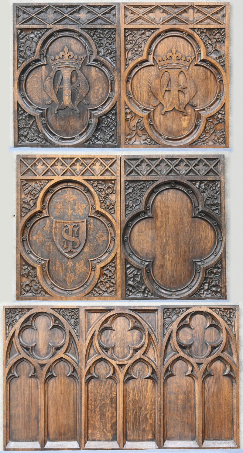 Een lot van 7 Neo-Gotische eikenhouten panelen. Gesculpteerde details.