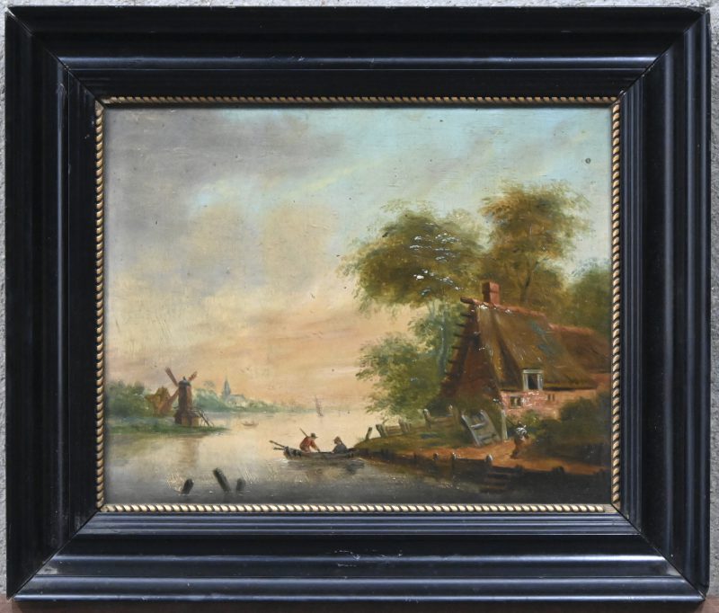 “La Rivière”. Een schilderij, olieverf op paneel. Achteraan opschrift, genre D Teniers. 19e eeuws.