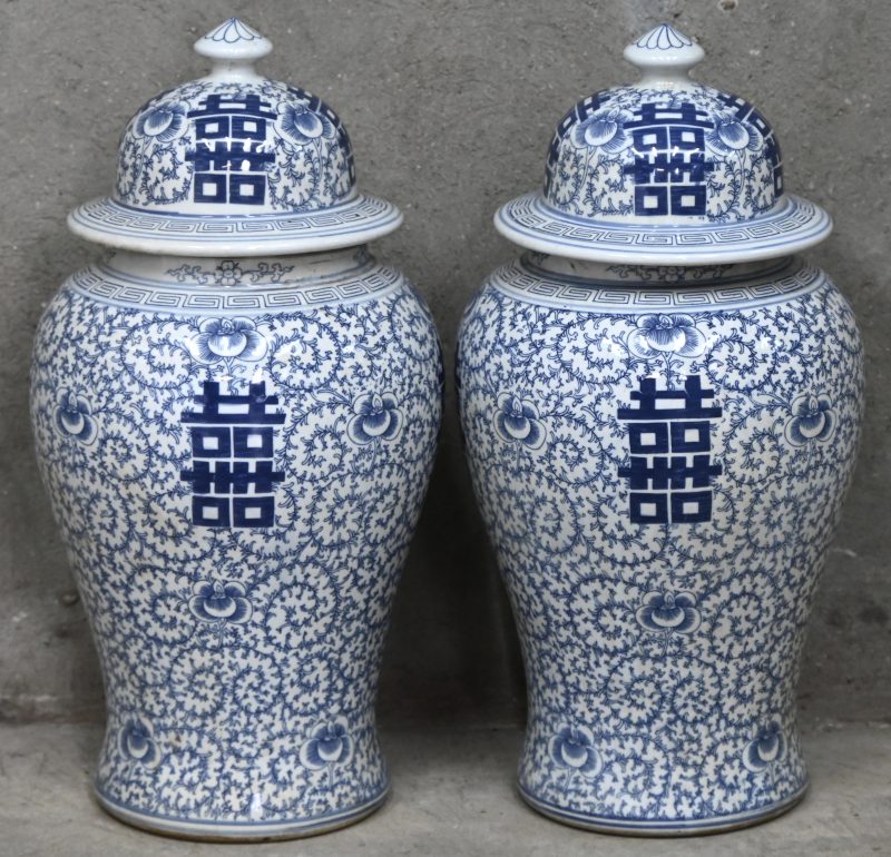 Een paar blauw-wit Chinees porseleinen dekselpotten met geluksdecor en floraal motief.