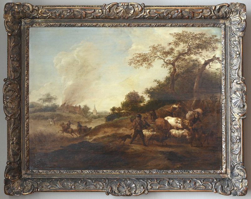 "Landschap met veroverde soldaten, met brandende hoeve." Hollandse School (17de eeuw). Aangekocht in 1975 bij kunsthandel E. Verkest, Tielt.