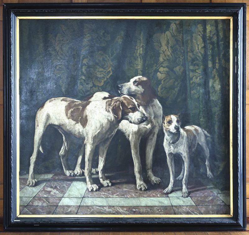 "Portret van drie jachthonden." Olieverf op doek. Gesigneerd.