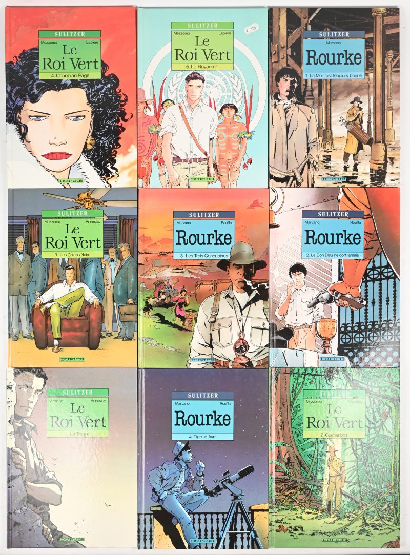 Een lot van 9 hardcover strips, waarvan 5 uit de reeks “Le Roi Vert” en 4 uit de reeks “Rourke”. Uitgegeven door Dupuis.