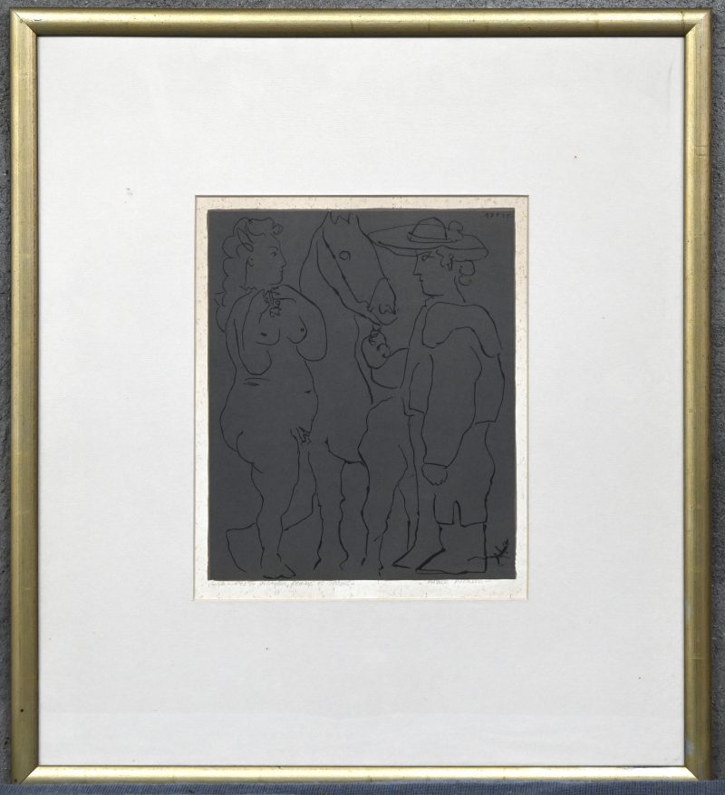 ‘Picador, femme et cheval’, een linosnede aan de hand van Pablo Picasso, gedateerd 1954.