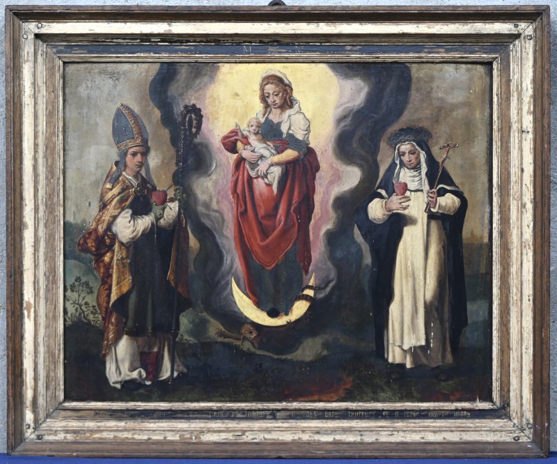 “Maria op de maansikkel”. Een schilderij, olieverf op paneel. Vlaamse school, 19e eeuw.