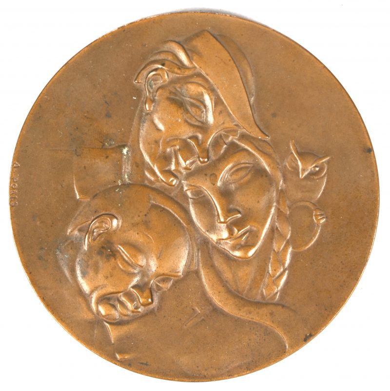 Een bronzen medaille met opschrift “Ik ben Uilen Spiegel”. Draagt signatuur.