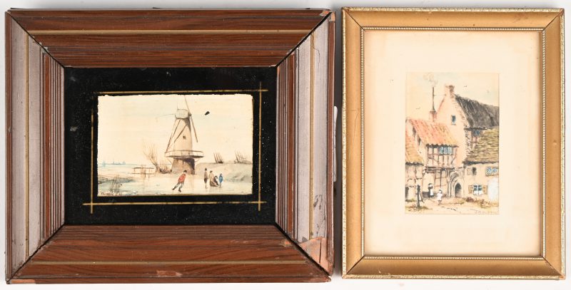 “Ijspret bij de windmolen en Oude achtertuin”. Twee miniatuur aquarellen. Gesigneerd.