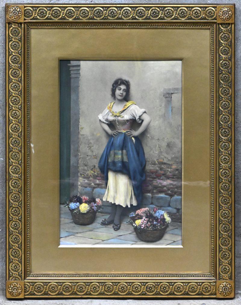“Bloemenmeisje.” met kleurrijk pastel opgehoogde 19de eeuwse fotoprint door Fischel, Adler & Swartz.