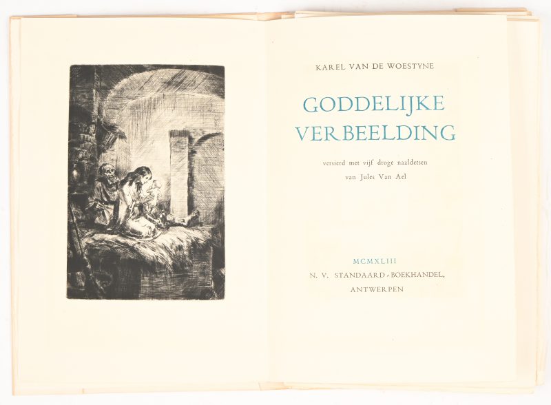 Een boek in papieren omslag, met 5 droge naaldetsen van Jules van Ael. Gedrukt op 300 genummerde exemplaren (ex. 42) op handgeschept papier. Originele uitgeverskaft en beschermdoosje