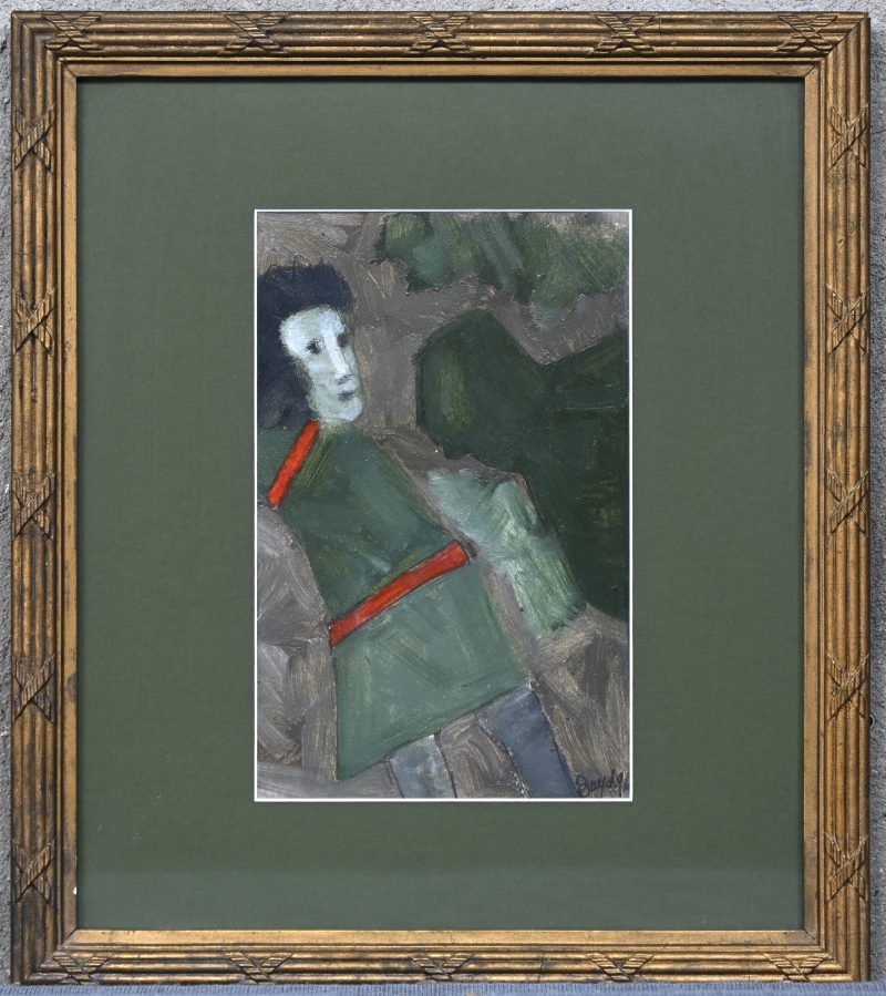 “Groene man”. Een schilderij, olieverf op papier. Onderaan gesigneerd en gedateerd ‘96.
