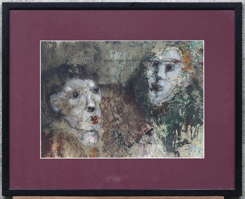 “Portret van zwevende gezichten”. Een schilderij, olieverf op papier. Onderaan gesigneerd en gedateerd ‘87.