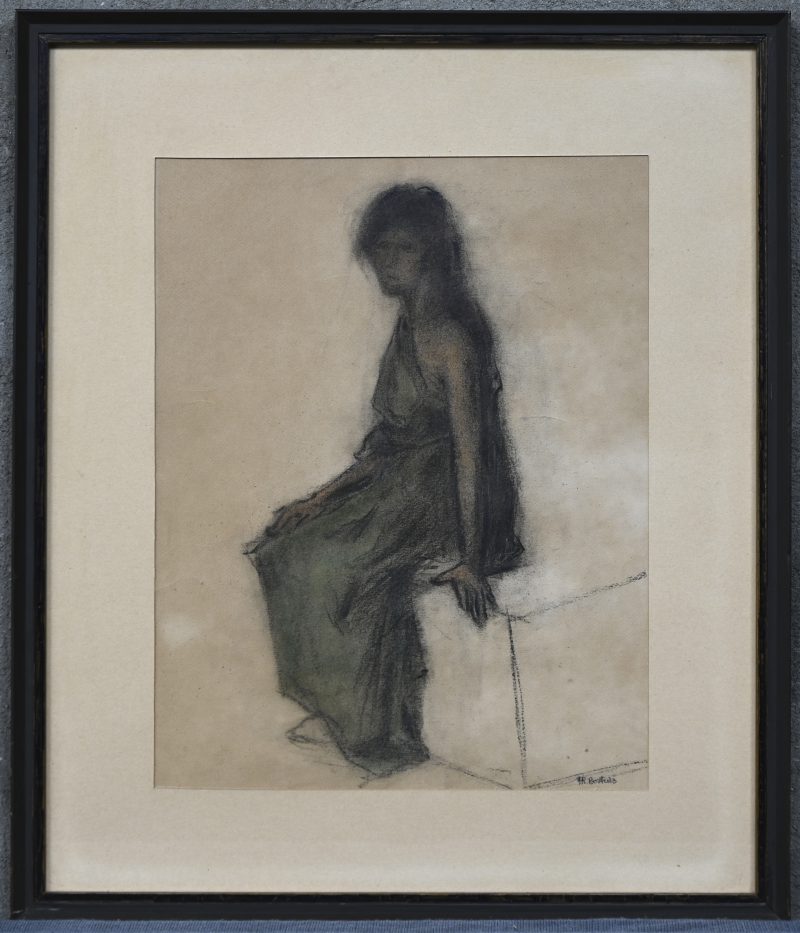 “Portret van een zittende vrouw”. Een tekening, gemengde techniek op papier.  Onderaan gesigneerd.