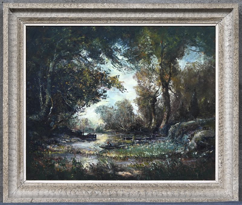‘Beek in het bos met sloep’, een schilderij, olieverf op doek, gesigneerd Julien Schaeverbeke.